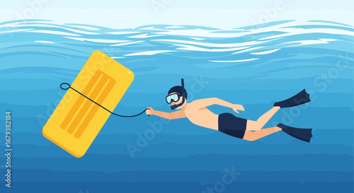 Underwater Exploration: Snorkeler Tugs Floatie Across the Azure Blue Waters
