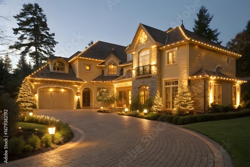 Luxurious modern mansion illuminated with warm christmas lights at dusk