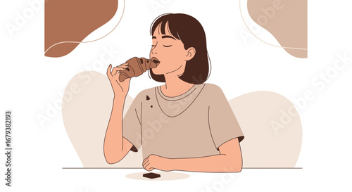 Woman Delighted Eating A Freshly Baked Croissant And Enjoying A Decadent Moment