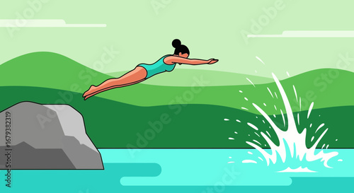 Woman Diving From Cliff Into Refreshing Water, Embracing Freedom and Action.