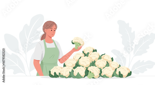Woman Displays Several Cauliflowers to Show Fresh Harvested Produce for Sale