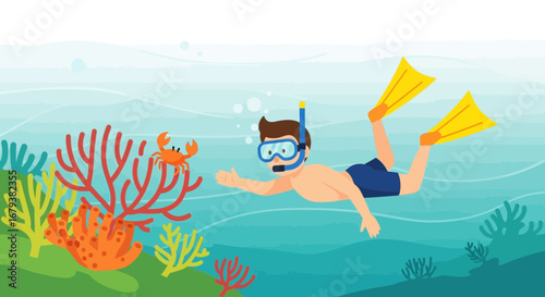 Underwater Explorer Meets Crab Among Coral Reefs During Summer Vacation Illustration