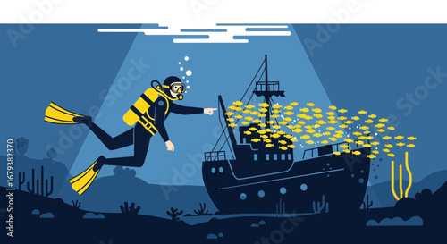 Underwater Explorer Points Towards A Sunken Ship Surrounded By Marine Life