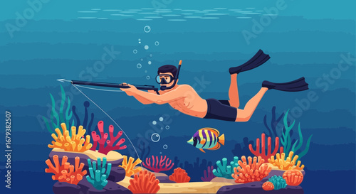 Underwater Hunter Spearfishing Amidst Vivid Coral Reef Exploration and Aquatic Adventure