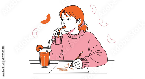 Woman Drinking Juice While Sketching, Capturing Moments Using Creative Representation