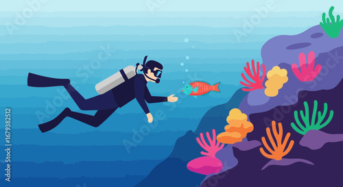 Underwater Illustration of a Scuba Diver Interacting with a Fish Near Coral Reef