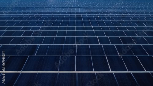 Solar panels creating vast grid, reflecting sunlight across expansive terrain