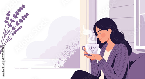 Woman Drinking Lavender Tea In A Serene Setting At The Window With A Stylish Design