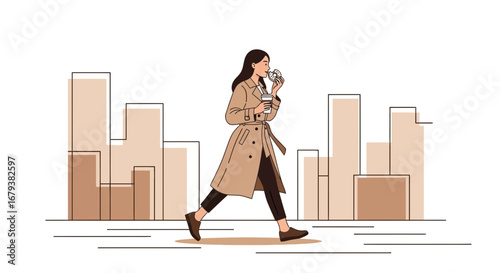 Woman eating donut and drinking coffee in the city, urban lifestyle illustration