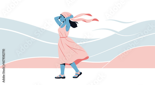 Woman Embracing Air In Soft Colors Against A Gentle Landscape Abstract Illustration