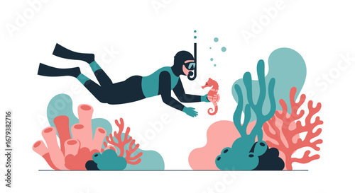 Underwater Scene with Scuba Diver Holding Seahorse near Coral Reefs and Plants