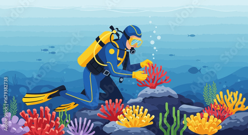 Underwater Scuba Diver Exploring Coral Reefs in the Ocean, Marine Life Illustration