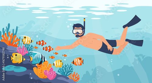 Underwater snorkeling scene with a diver exploring corals and colorful fish in the ocean