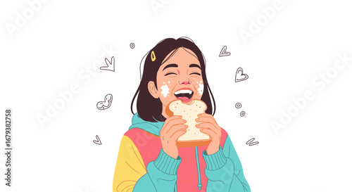 Woman Embracing Bread: Expression Of Joy And Happiness With Cheerful Illustration
