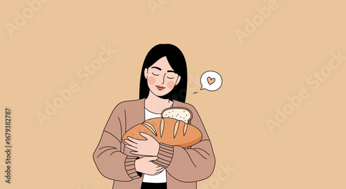 Woman Embracing Freshly Baked Bread With Heart Symbolizing Affectionate Love