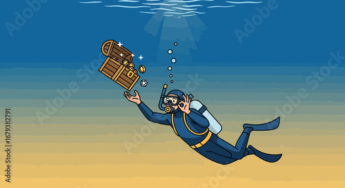 Underwater Treasure Discovery Featuring a Scuba Diver in Beautiful Marine Environment