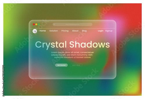 web design, Crystal Shadows, landing page Red Green Blue gradient glowing frosted glass UI template with luminous transparent blur effect futuristic creative interface modern website layout concept
