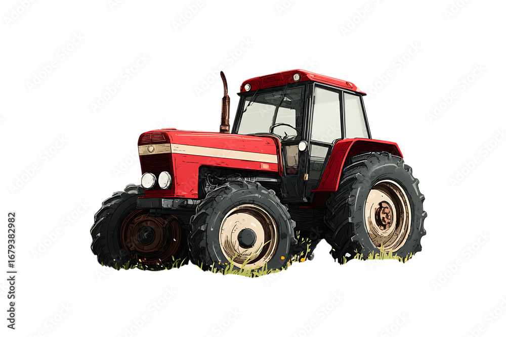 Obraz premium Powerful red farm tractor on green grass. Agriculture, farming concept.