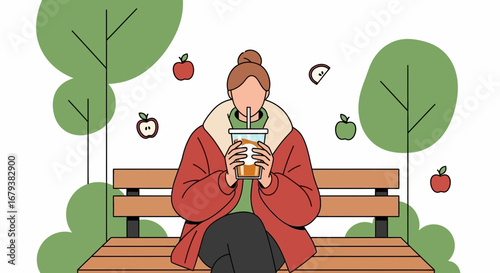 Woman Enjoying A Beverage In The Park On A Bench With Decorative Apples And Trees