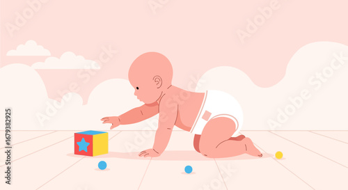 Vector illustration of a baby crawling towards a colorful toy block with a star on it