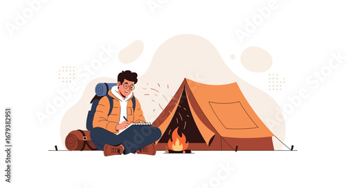 Vector illustration of a camper sitting by a tent and writing in a notebook