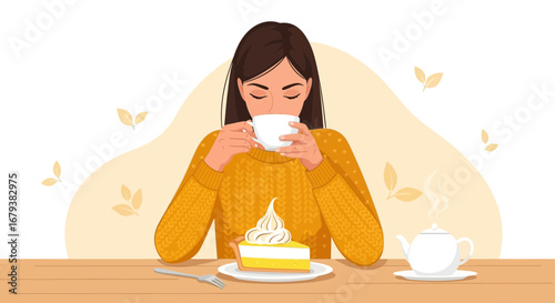Woman Enjoying A Cozy Moment Tasting Beverage Alongside Dessert On Wooden Table
