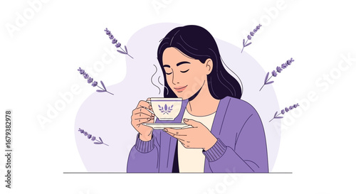 Woman Enjoying A Cup Of Tea In Peaceful Moment Surrounded By Lavender Aromas