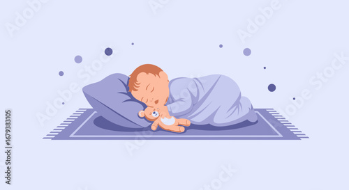 Vector illustration of a sleeping baby holding a teddy bear on a purple background