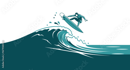 Vector illustration of a surfer performing a trick on a wave in the ocean