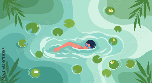 Vector Illustration of a Swimmer swimming in a pond with lily pads and plants