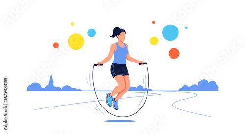 Vector illustration of a woman skipping rope in a park with a colorful abstract background