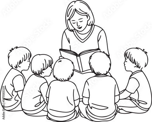Teacher reading book children story time illustration line art kids preschool education