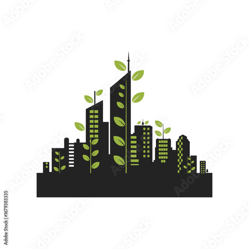 Eco City Skyline Logo with Green Buildings and Leaves – Sustainable Urban Development and Environment Design