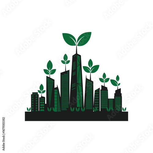 Eco City Logo with Green Buildings and Leaf Growth – Sustainable Urban Development and Environment Design