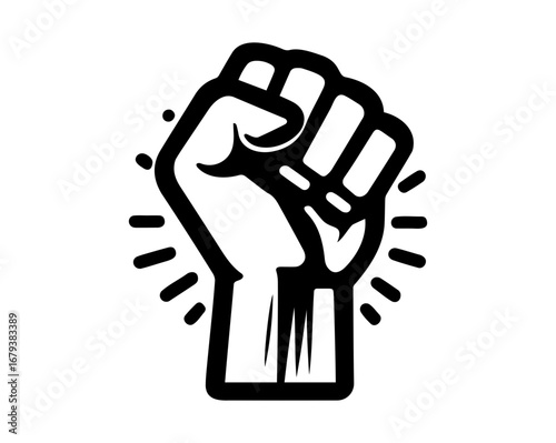 Symbol of a clenched fist raised in protest or solidarity with radiating lines suggesting power and energy