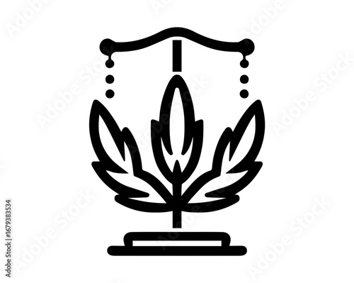 Stylized black and white outline of a cannabis plant with a weighing scale above it symbolizing legal or regulated cannabis