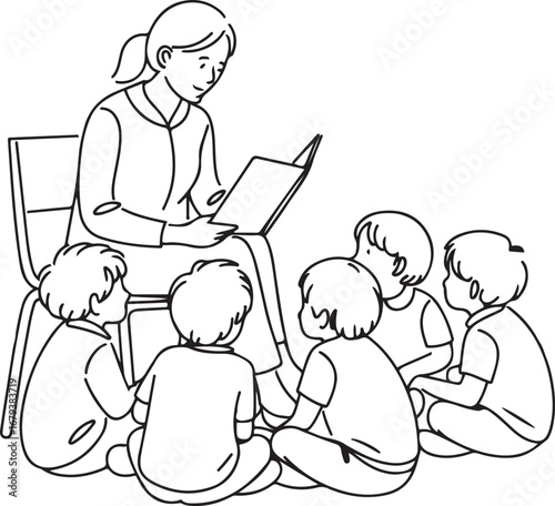 Teacher reading book children story time preschool kids illustration line art
