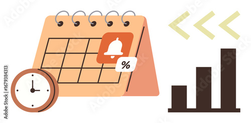 Calendar with reminders, clock, and bar chart symbolizing scheduling, efficiency, progress tracking, deadlines, goal setting, productivity and planning. Ideal for time management organization
