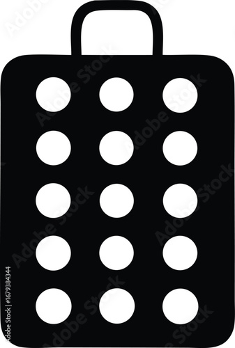 Modern luggage icon featuring a structured design with multiple white circles representing compartments or features for travel and transport.