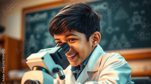 Indian schoolboy scientist looking through microscope in classroom science lab, joyful child close-up
