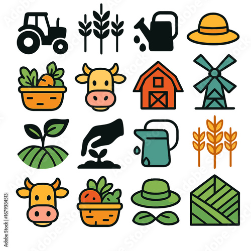 This vibrant collection of farming and agriculture icons beautifully illustrates various aspects of rural life, from cultivation to livestock and essential tools.