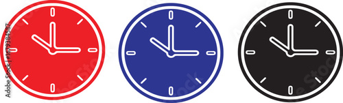 Three clocks red blue and black showing the same time