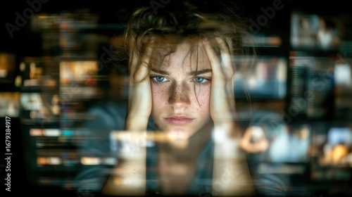 University student overwhelmed by cluttered desk and multiple screens while struggling with online courses late at night
