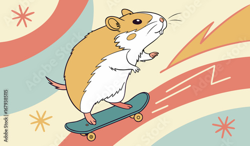 A small hamster standing on top of a miniature skateboard, mid-action, colorful background, funny and playful, ultra-detailed, studio photography style."