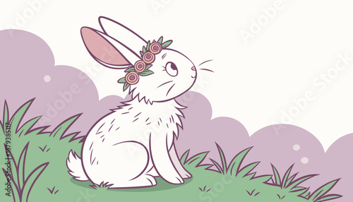 "A white fluffy bunny with a flower crown, sitting on green grass, soft sunlight, dreamy pastel background, high-quality stock photography style, ultra-cute."