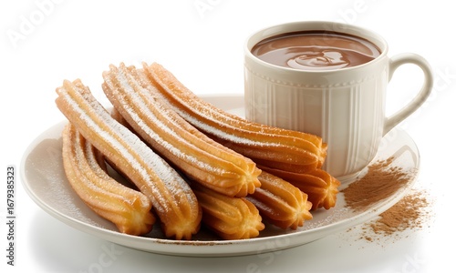 Indulge in warm, sweet churros dusted with powdered sugar, perfectly paired with rich hot chocolate for a delightful treat.