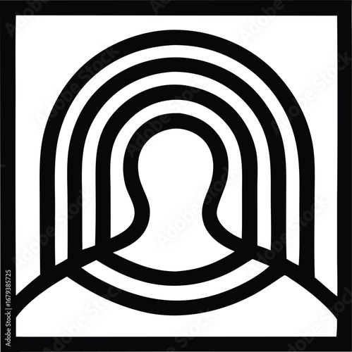 Abstract human silhouette with concentric arched lines forming a unique symbolic head and shoulders representation in black and white