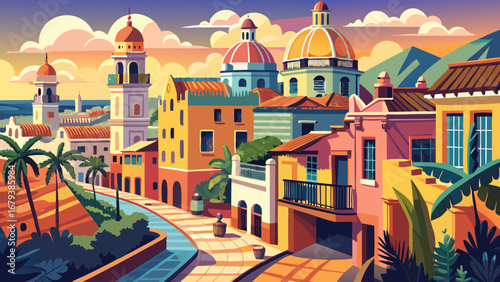 Cartagena de Indias, Colombia, a walled Caribbean jewel: coral-stone bastions, colorful balconies, tiled cupolas, lantern-lit streets. Warm pastels, sea-breeze mood; semi-realistic flat vector emphasi