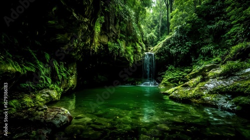 Serene Waterfall Flowing into Emerald Pool Surrounded by Lush Greenery and Mossy Rocks in a Tropical Rainforest Landscape