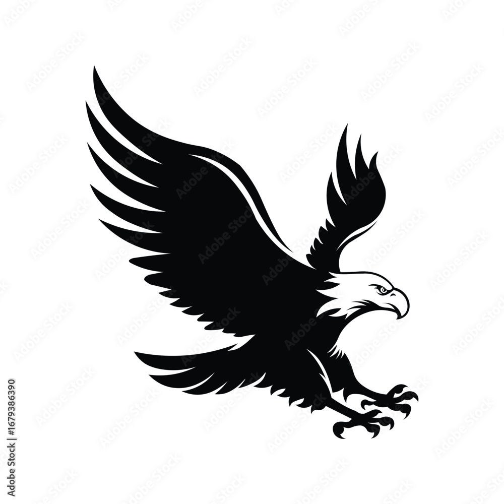 Fototapeta premium Black and white eagle silhouette with spread wings and sharp claws. Powerful bird logo, tattoo, mascot, and freedom symbol design